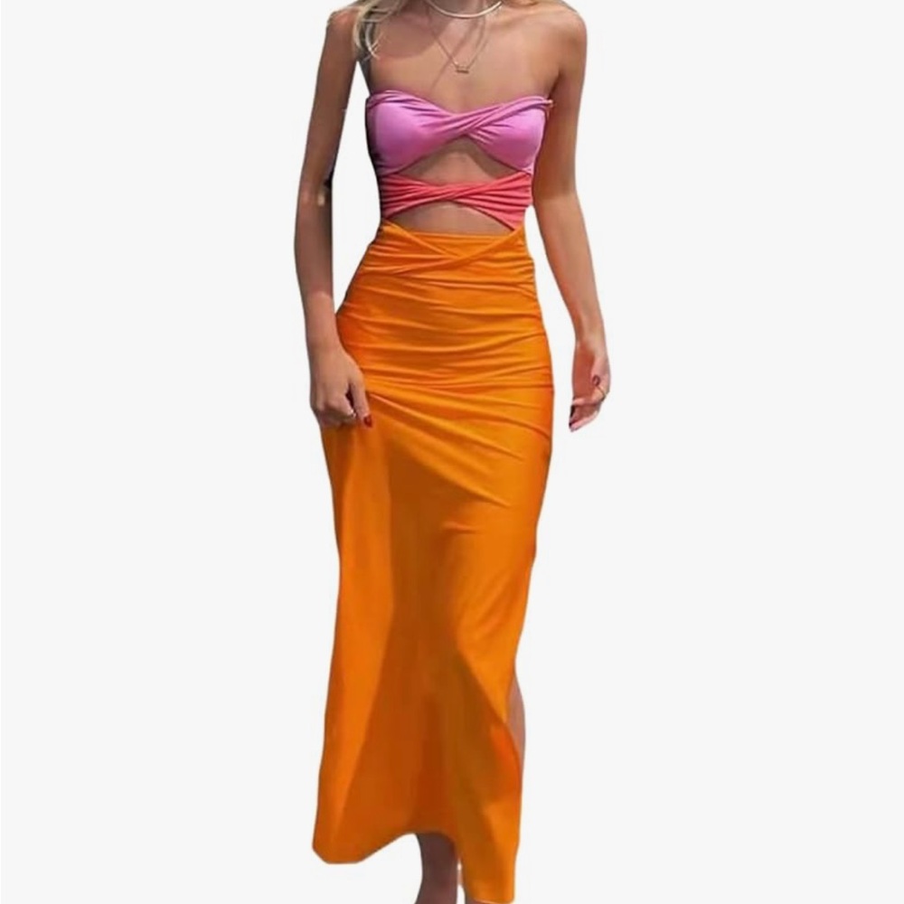 Strapless Pink and Orange Dress w Cut Outs